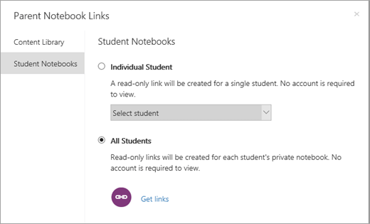 Membuat link baca-saja untuk buku catatan siswa individual. Membuat untuk masing-masing pelajar atau untuk semua siswa.