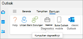 Cuplikan layar Dapatkan Diagnostik di pita Outlook