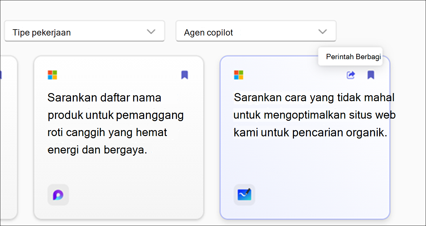 Perintah untuk mencoba halaman yang menampilkan perintah yang tersedia dengan opsi filter seperti Aplikasi, tugas, dan tipe pekerjaan.