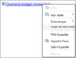 Pilih dan tahan atau klik kanan untuk menampilkan opsi lainnya saat membuka tautan ke file Office dari Outlook atau Teams