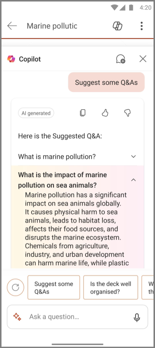 Cuplikan layar Copilot di PowerPoint pada Android dengan hasil dari perintah Sarankan beberapa T&J