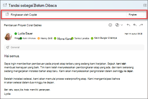 Pilih ringkas untuk Copilot guna membuat ringkasan utas email.