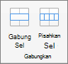 Cuplikan layar memperlihatkan grup Gabungkan yang tersedia pada tab Tata Letak tabel, dengan opsi Gabungkan Sel dan Pisahkan Sel.