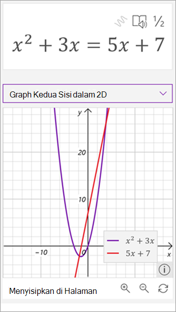 cuplikan layar asisten matematika yang dihasilkan grafik untuk persamaan x kuadrat plus 3 x sama dengan 5 x plus tujuh. garis ditampilkan dalam warna merah dan parabola berwarna ungu