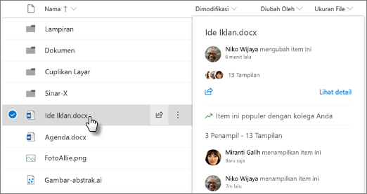 Cuplikan layar kartu melayang file yang muncul saat Anda mengarahkan ke file di OneDrive atau SharePoint