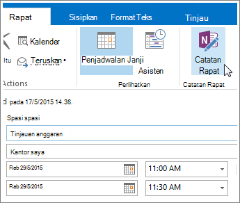 Cuplikan layar tombol Catatan Rapat OneNote di Outlook.