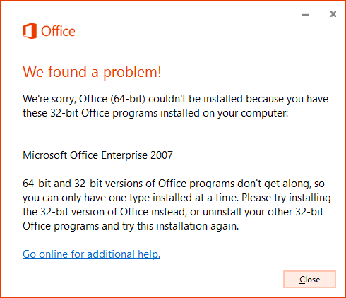 Tidak bisa mencampur Office versi 32-bit dan 64-bit