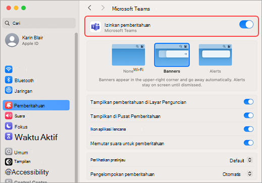 Pengaturan sistem Mac mengizinkan pemberitahuan Microsoft Teams