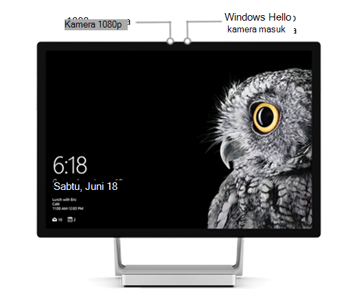 Gambar tampilan Surface Studio, dengan label yang mengidentifikasi posisi dua kamera di dekat bagian tengah di bagian atas
