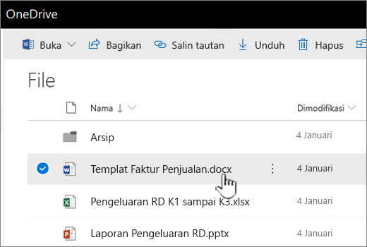 OneDrive dengan file dipilih