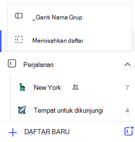 Cuplikan layar Grup daftar perjalanan dan menu Edit buka dengan opsi untuk mengganti nama grup dan memisahkan daftar