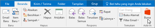 Cuplikan layar memperlihatkan tab Beranda di Outlook dengan kursor yang menunjuk ikon Bursa di grup Add-in.