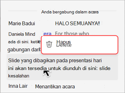 Cuplikan layar memperlihatkan cara menghapus pesan dari obrolan balai kota.