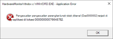 Kesalahan: HardwareMonitorWindow:WINWORD.EXE - Kesalahan Aplikasi
