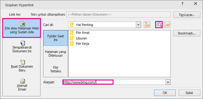 Memperlihatkan kotak dialog dengan opsi untuk menyisipkan link ke situs web yang dipilih