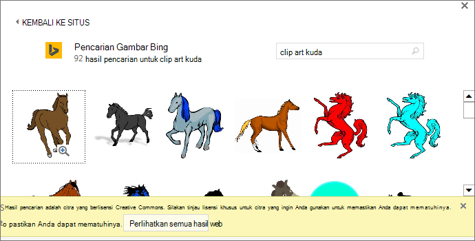 Mencari “clip art kuda” memberi Anda beragam gambar di bawah lisensi Creative Commons.