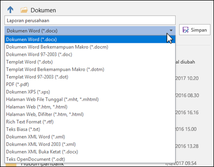 Klik menu menurun tipe file untuk memilih format file lain bagi dokumen Anda