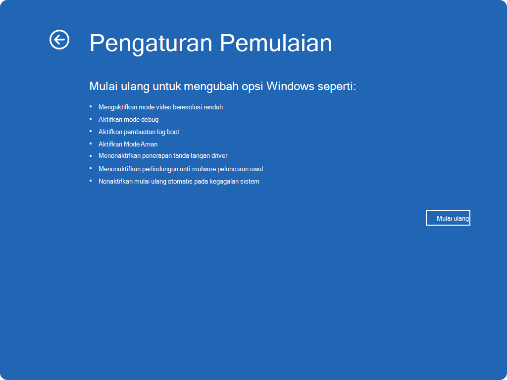 Cuplikan layar Windows RE - pengaturan startup.