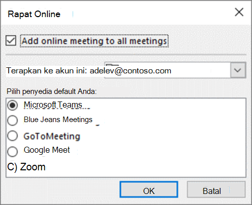 Outlook di Windows - pilih penyedia rapat online default