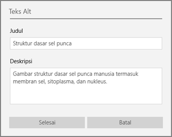 Dialog teks alternatif untuk menambahkan teks alternatif di OneNote untuk Windows 10.