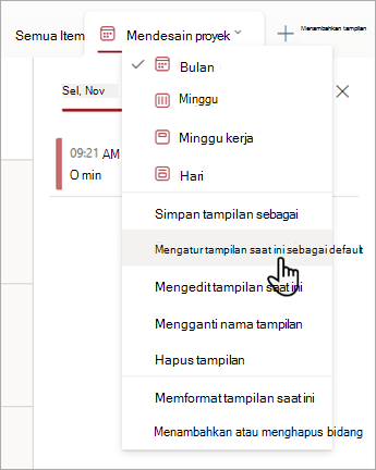 Cuplikan layar memperlihatkan cara memilih perintah Atur tampilan saat ini sebagai default di Lists.