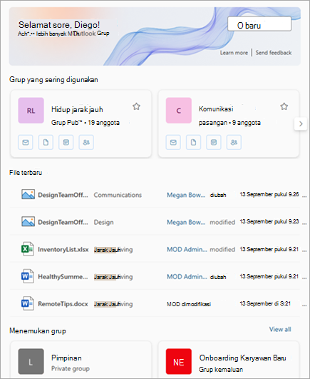 Grup yang sering digunakan dan file terbaru dapat diakses dari pengalaman Grup di Outlook.