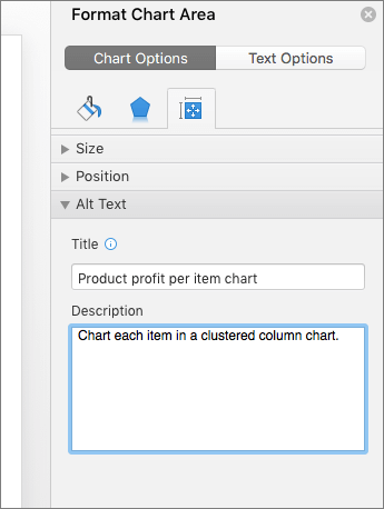 Cuplikan layar panel Area Format Bagan dengan kotak Teks Alt yang menjelaskan bagan yang dipilih