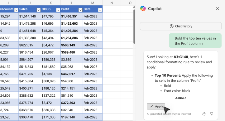 Cuplikan layar cara menebalkan nilai menggunakan Copilot di Excel.