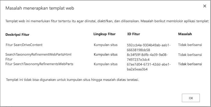 Cuplikan layar pesan kesalahan memperlihatkan kesalahan yang mungkin Anda dapatkan jika fitur yang tidak tersedia mencegah pembuatan situs di SharePoint Online.