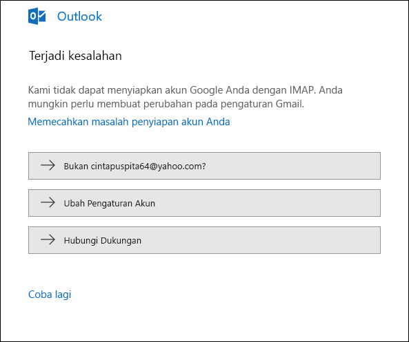 Terjadi kesalahan saat menambahkan akun email ke Outlook.