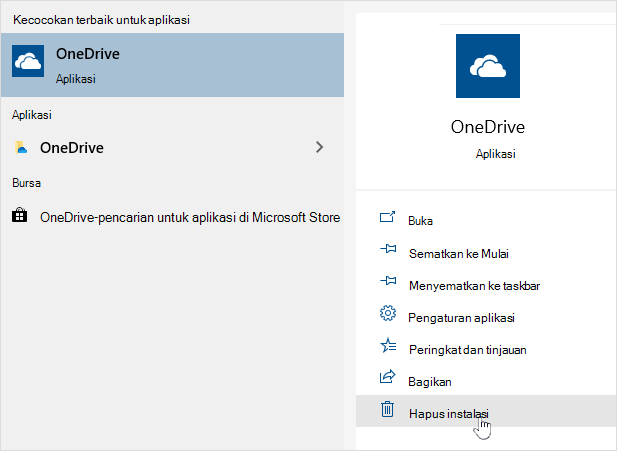 Menghapus instalan aplikasi Bursa OneDrive