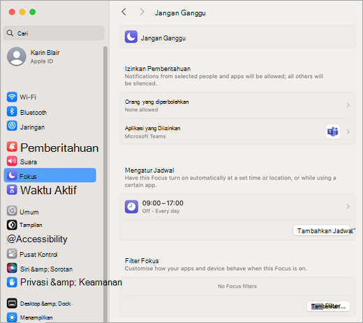 Pengaturan sistem Mac untuk Waktu fokus dan Jangan ganggu pemberitahuan