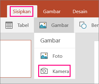 Memperlihatkan opsi Sisipkan gambar dari kamera di Office Mobile untuk Windows 10