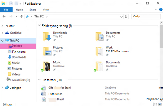 Jendela File Explorer Windows dengan ''Desktop'' disorot di panel kiri
