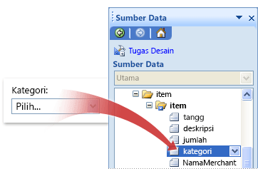 Hubungan antara kotak daftar turun bawah di templat formulir dan bidang yang berkaitan di sumber data