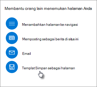 Panel Promosikan memperlihatkan Templat Simpan sebagai halaman