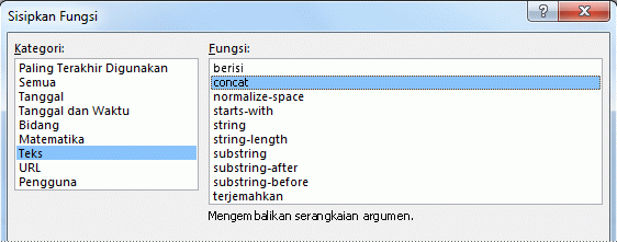Fungsi Concat dipilih dalam kotak dialog Sisipkan Fungsi