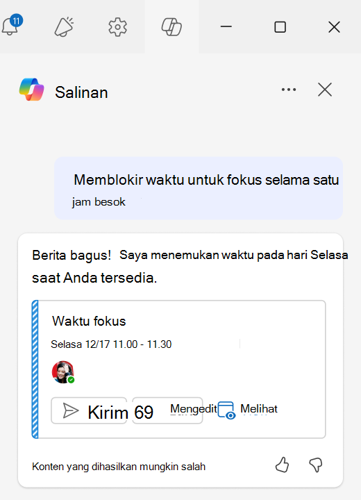 Cuplikan layar cara menggunakan Blok Fokus dengan Penjadwalan Bantuan Obrolan di Outlook.