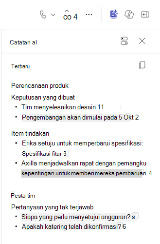 Catatan AI diisi dalam obrolan Teams