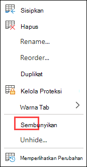 Sembunyikan tab di Excel untuk web
