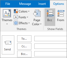 Untuk mengaktifkan kotak Bcc, buka pesan baru, pilih tab Opsi, dan dalam grup Perlihatkan Bidang, pilih Bcc.