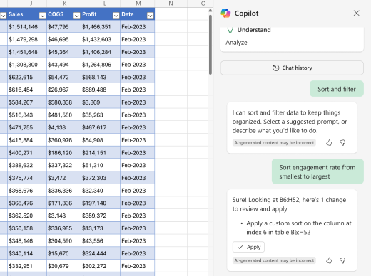 Cuplikan layar cara mengurutkan data menggunakan Copilot di Excel.