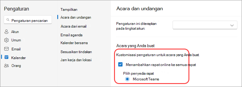 Jadikan Microsoft penyedia rapat online default Anda di pengaturan Kalender.