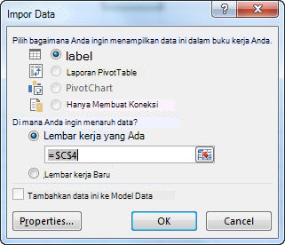 Kotak dialog Impor Data di Excel