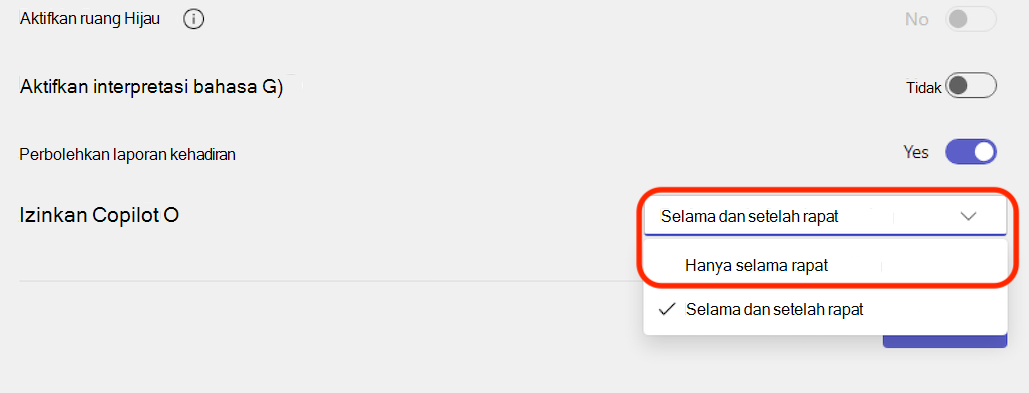 Menu dropdown dengan opsi untuk mengizinkan copilot hanya selama rapat atau selama dan setelah rapat.