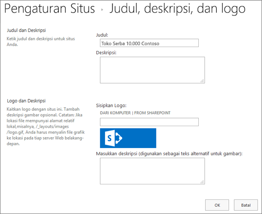 Halaman pengaturan judul, deskripsi, dan logo