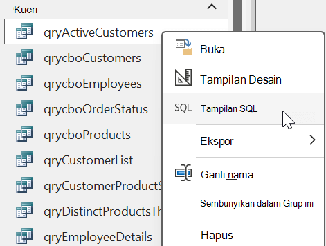 Opsi menu klik kanan ditampilkan dari objek kueri dalam database Access dengan opsi Tampilan SQL dipilih
