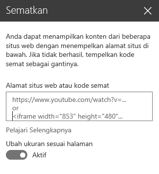 Cuplikan layar dialog Kode semat di SharePoint.