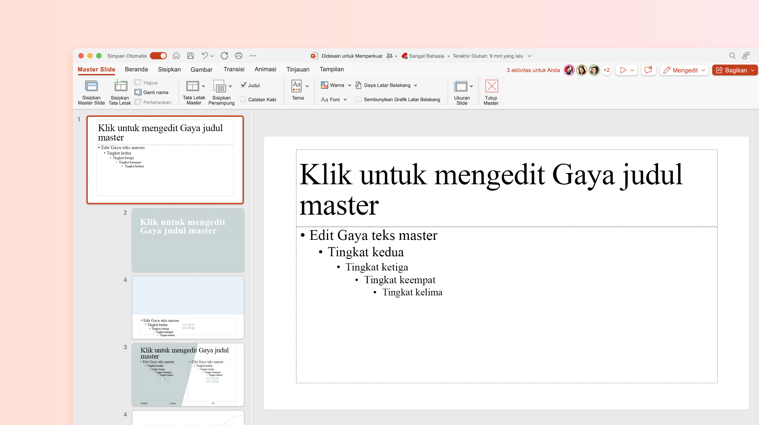 Cuplikan layar memperlihatkan Master Silde di templat PowerPoint.