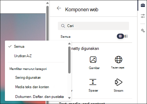 Memfilter komponen web di tingkat 2 kotak alat